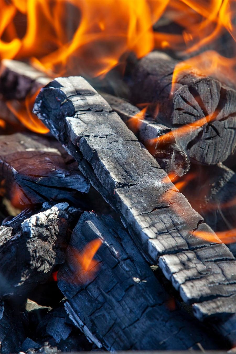 Brasa e lenha em combustão